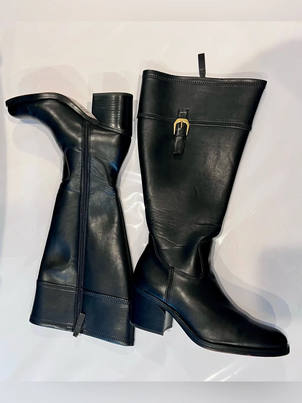 Franco Sarto “Adabella” Black Over-the-Knee Leather Block Heel Boot with Buckle